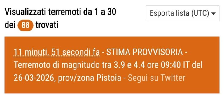 Pistoia, scossa di terremoto di 3,9-4,4