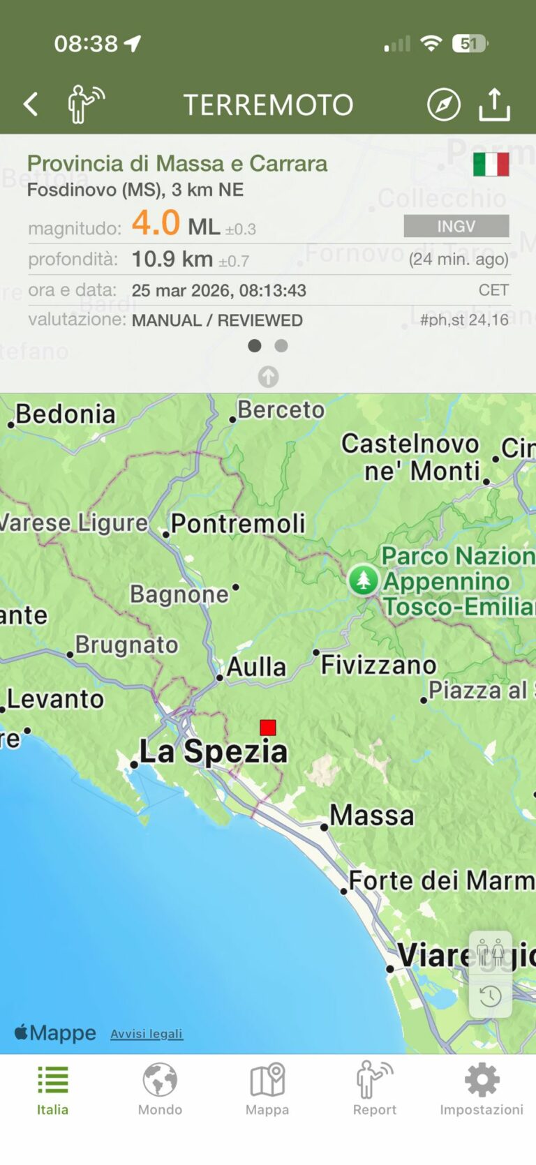 Terremoto magnitudo 4.0 tra Massa Carrara e La Spezia
