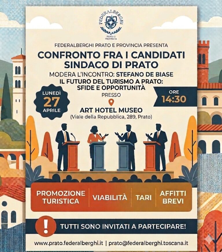 Rilancio del turismo, viabilità e affitti brevi: Federalberghi Prato organizza un confronto pubblico tra i candidati a sindaco
