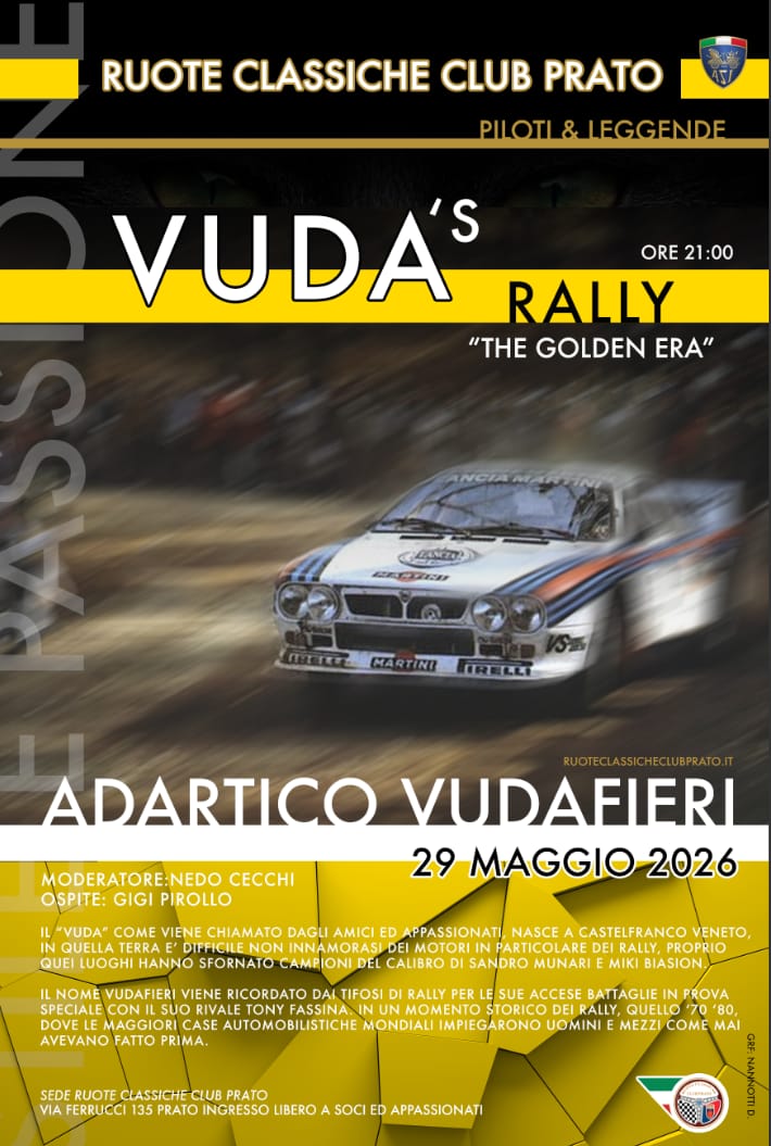 ‘Vuda’s Rally – The Golden Era’: Ruote Classiche Club Prato organizza una serata dedicata ad Adartico Vudafieri