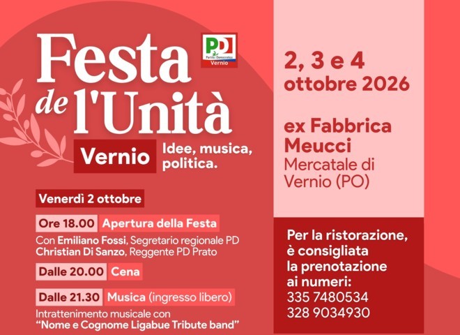 Vernio, torna la Festa dell’Unità, tre giorni di politica, socialità, gastronomia e musica